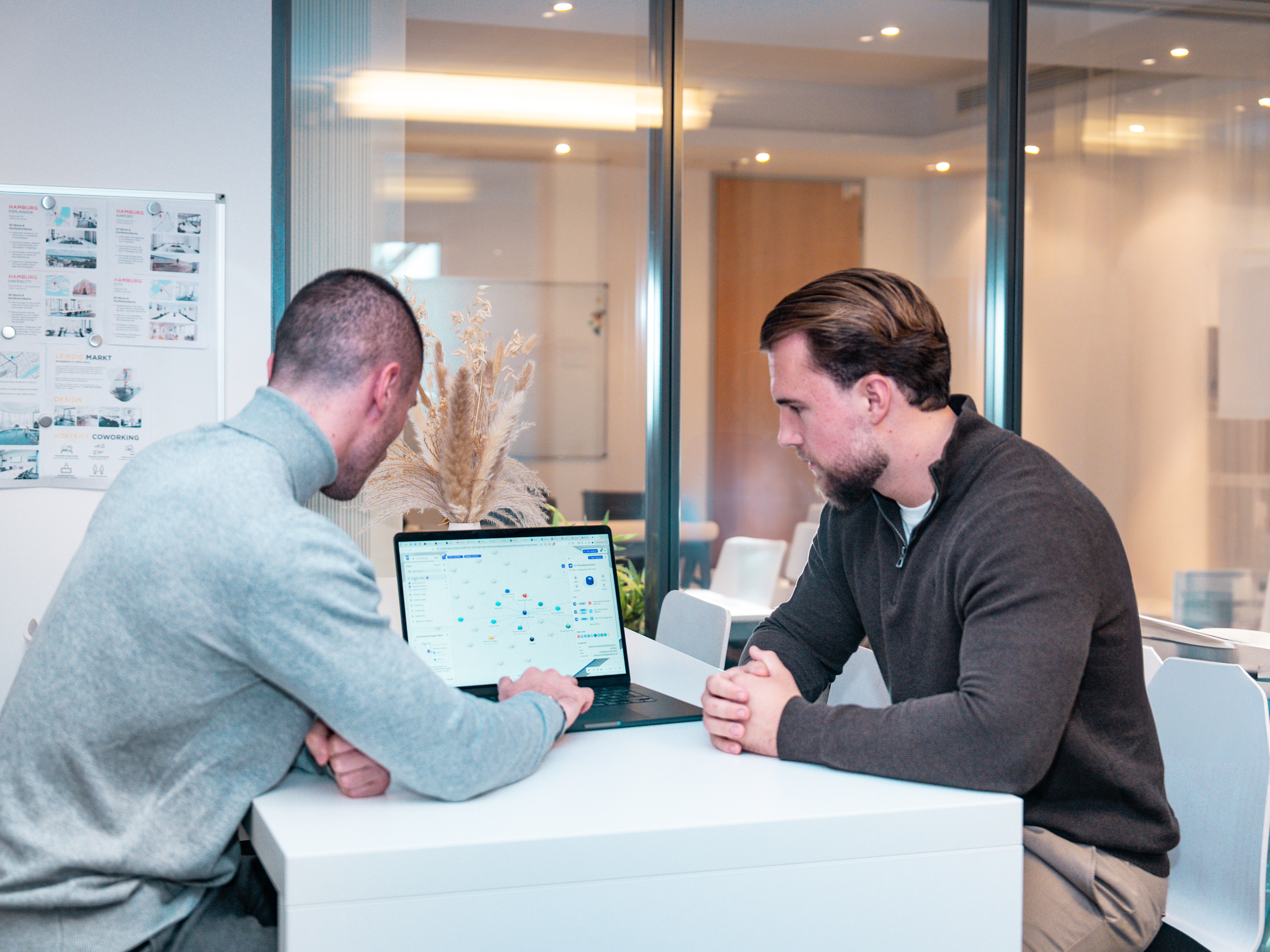 David und Niko analysieren gemeinsam am Laptop die Prozesse eines Kunden